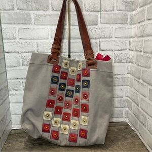 Fossil “Fifty Four” gray canvas tote bag multicolor leather accents studs. Used.